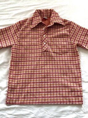 Vintage 70s Knit Polo Red Orange Gingham Towncraft Women Unisex S/M